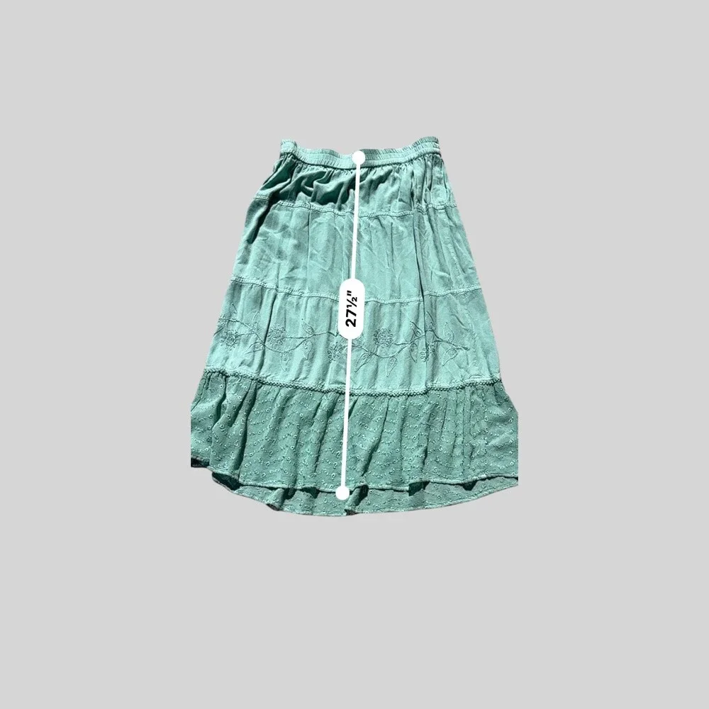 Serengeti Tiered Embroidered Midi Skirt Aqua Mint Boho Elastic Waist Rayon M